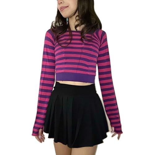 Halloween Striped Long Sleeve Top Y2k Graphic Print Vintage Aesthetic Crop Fairy Grunge Emo Gothic Goth Stripes Crew Neck T Shirts Women Teen Girl Cropped Tee Streetwear (Purple Pink, S)