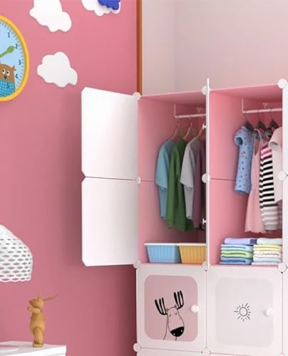 Image of EXVITO Kids Plastic Wardrobe - 12 Door Foldable Almirah for Clothes with Hanging Rod, Collapsible Wardrobe Cartoon Print Cupboard for Baby & Kids Room