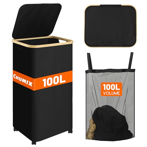Chumix Cesto Ropa Sucia con Tapa, 100L Cesta Ropa Sucia con Ruedas, Cubo Ropa Sucia Plegables con Mango de Bambú, Bolsa Interior Extraíble y Lavable, para Baño, Dormitorio, Lavadero, Nero