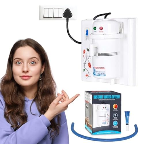 Image of TEKCOOL 1L Instant Portable Water Heater /Geyser (Fitted with MCB) Instant Running Water Heater ABS Plastic, Auto Cut Off and Manual Reset, Inlet and Outlet Thread (White-Orange)