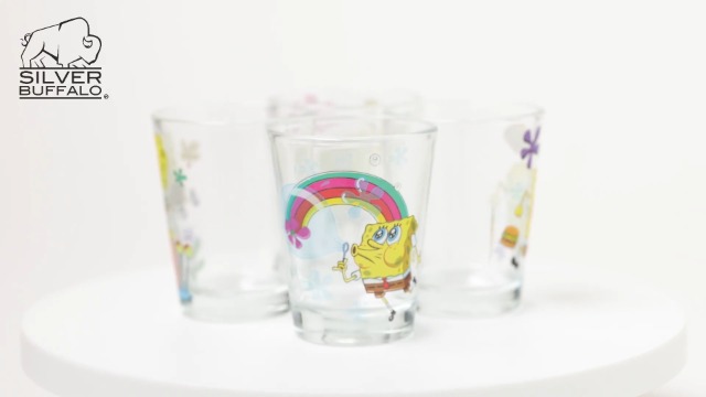 Silver Buffalo SpongeBob SquarePants Featuring Gary Poses Floral Krabby Patty 4 Pack Mini Glass Set, 1.5 Ounces