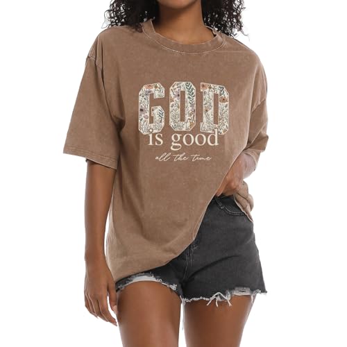 Image of Christian God is Good Shirts for Women Jesus Faith Religious T Shirts Floral Graphic Oversized Acid Washed Tee Tops