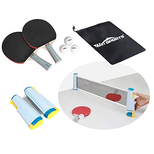 Ping Pong Net Table Tennis - Win SPORTS Paddle Set with Retractable Net,Play Anywhere Ping Pong Net for Any Table,2 Table Tennis Paddle& Rackets,3 Balls,Storage Case