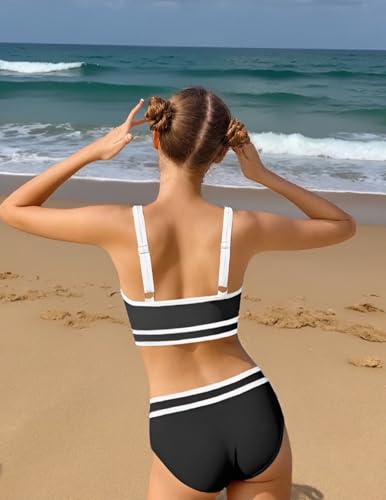 Teen Girls Swimsuit High Waist Sporty Bikini Bathing Suits with Cover Up Skirt and Sunglasses 4 Piece Set 8-15 Years3