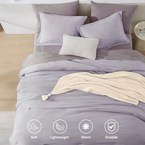 Image of Queen Comforter Set-7 Pieces Soft Prewashed Bed in a Bag Queen Bedding Sets | All Season Comforter with Sheets, Pillow Shams & Pillowcases,Lilac