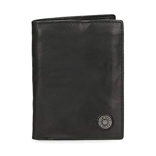 Pepe Jeans Button Cartera Vertical con Monedero Negro 8,5x11,5x1 cms Piel