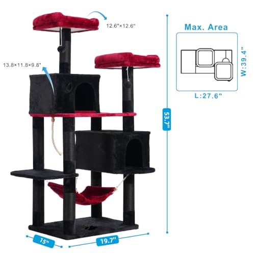 Image of Hey-brother Gothic Large Multi-Level Cat Tree Condo Furniture with Sisal-Covered Scratching Posts, 2 Bigger Plush Condos, Perch Hammock for Kittens, Cats and Pets, Black and Red MPJ020BR