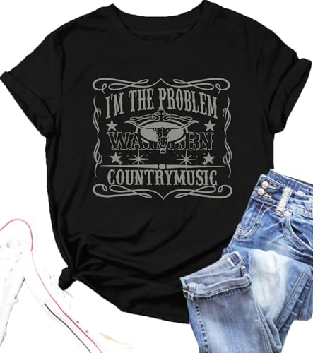 I'm The Problem T-Shirt Retro Steer Skull Western Shirts Country Music Tees Cowgirl Graphic Cowboy Tops2