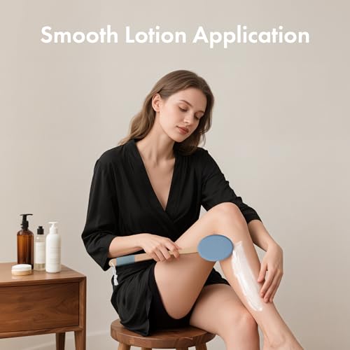 Image of AmazerBath Lotion Applicator for Back, Feet, 4 Replacement Pads with 17 inch Curved Handle, Back Sunscreen Applicator for Kids, Elderly, Women, Apply Skin Cream Medicine Moisturizer Tanner, Slate Blue