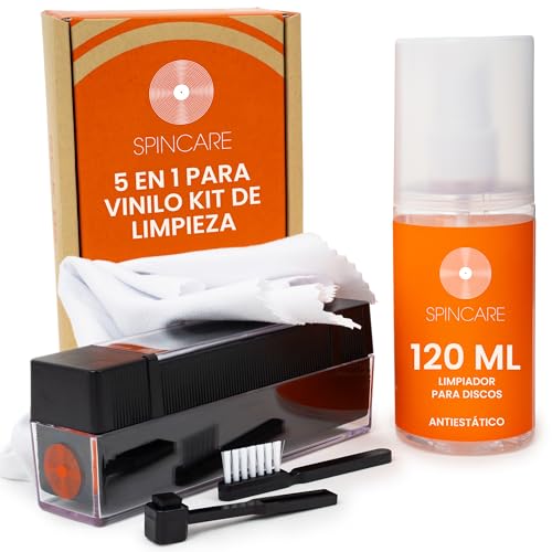 Spincare Kit Limpiador Discos Vinilo 5 En 1 Kit Limpia Vinilos Con Cepillo De Terciopelo Y Cubierta Antipolvo Spray Antiestático 120 Ml Cepillo Para Aguja Paño De Microfibra Limpiador De Lp