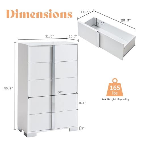 Image of AMERLIFE 50.2 inch H Modern 5 Drawer Dresser, Glossy Surface Chest of Drawers, Large Storage Organizer for Bedroom, Living Room, Cloakroom, Luxury, White