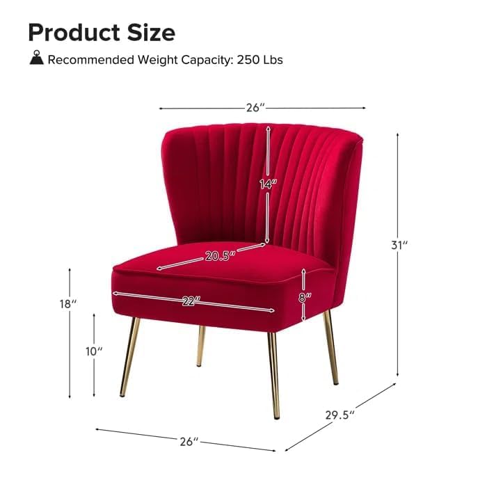 Image of Modern Upholstered Accent Velvet Chair Single Seater Channel Tufted Wing Back Chair with Golden Matel Legs for Living Room, Bedroom, Dining Room, Red