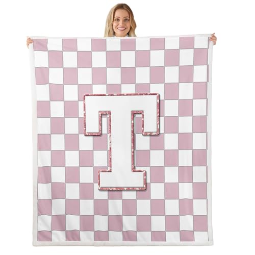 Image of Erosebridal Pink Initial T Fleece Blanket 40 inchx50 inch Kawaii Plaid Checkered Sherpa Blanket Cute Personalized Monogram Fuzzy Plush Throw for Kids Girls,Fashion Grids Gingham Decor for Bed Couch