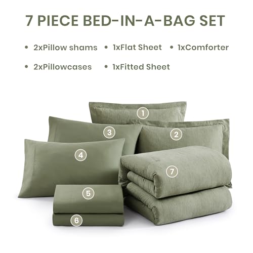 Monbix Oversized Queen Comforter Set - 7 Pieces Cationic Dyeing Sage Green Bed in a Bag Bedding Sets with Comforter, Sheets, Pillowcases & Shams, Reversible Bedding Comforters Sets