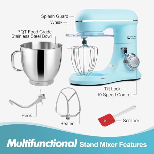 Image of Kitchen in the box 7QT 900W 10-Speed Stand Mixer, Tilt-Head Kitchen Electric Mixer with Dough Hook, Whisk & Flat Beater(Blue)