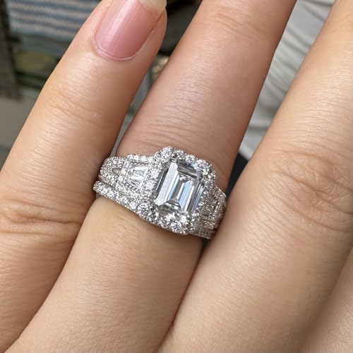 Newshe Jewellery Wedding Rings for Her AAAAA Cz Women's Bridal Sets 925 Sterling Silver Emerald Cut Engagement Ring Size 5-103