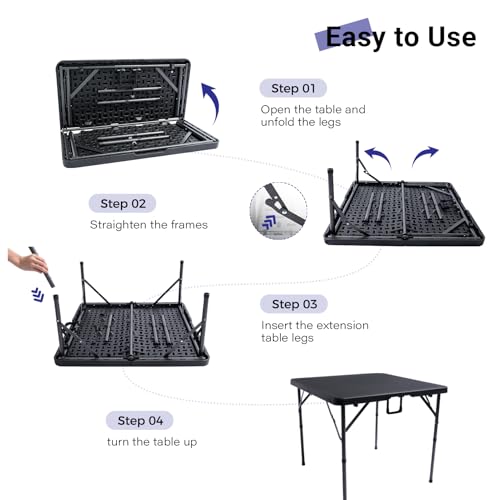 Image of Byliable 34 inch Square Folding Card Table, Fold-in-Half Utility Dining Portable Table Heavy Duty HDPE Plastic Foldable with Carrying Handle Indoor Outdoor for Picnic, Camping, Party, Black