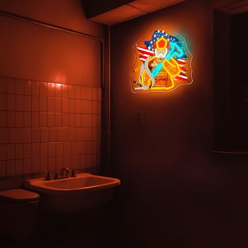 Image of Mutank Firefighter Neon Sign, American Flag LED Fireman Neon Light USB Powered, for First Responder Hero Tribute Emergency Services Firehouse Decor, Firefighter Gifts(12.9 * 12.5 In)