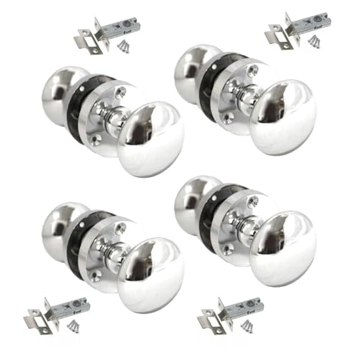 Epsom Door Handle Polished Chrome Victorian Style Round Door Knob Set – 4 Pairs with Tubular Latch Sprung Internal and External Door Knobs for Mortice Locks – 56mm Rose 52mm Knob