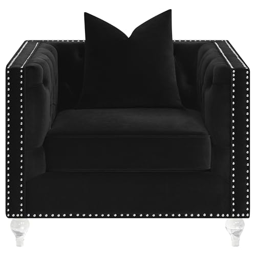 Sillón botón tapizado terciopelo negro elegante miniatura 3