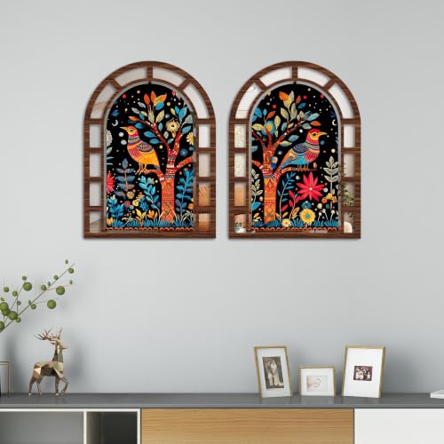 Image of Artvibes Colorful Bird & Floral Tree | Jharokha Mirror | Mirror Wall Hanging for Living Room, Hall, Bedroom & Dining Area | Indian Gift (WH 12003N), Set of 2