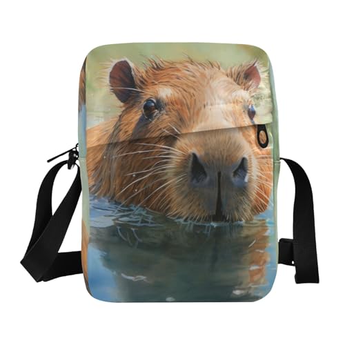 Swimming Capybara Sling Bag Zipper Closure Crossbody Messenger Bag with Card Phone Passport Compartment 6.6×9.4×2.5 inches