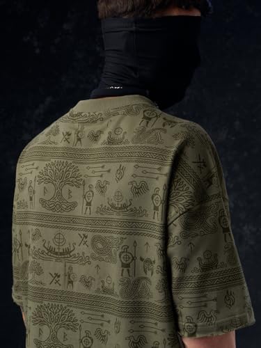 Image of The Souled Store Vikings: Longship Men and Boys Short Sleeve Rpund Neck Brown Embroidered Cotton Oversized Lightweight Breathable Drop Shoulder Streetwear T-Shirts