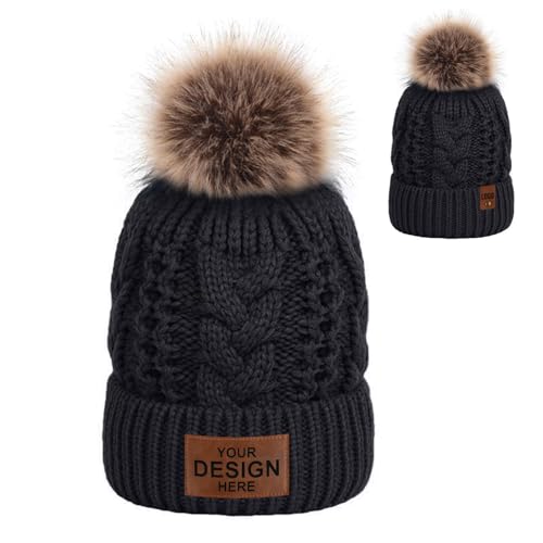 TopTie Custom Patch Knit Beanie Hat Leather Faux Fur Pom