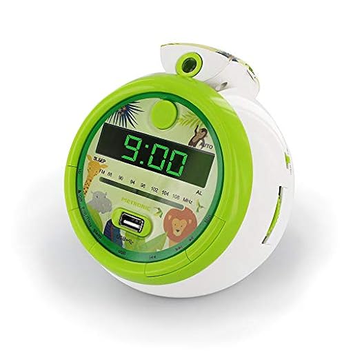 Metronic 477030 - Radio Reloj Despertador Digital para niños, con Reloj proyector Techo para Leer la Hora, diseño Infantil Verde Jungla con Animales de la Selva, Doble Alarma Radio FM, Toma USB | Ya disponible en tu tienda friki favorita! En mundofriki.es!