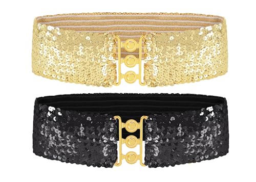 Anna-Kaci Women's Sparkly Glitter Sequin Wide Stretch Elastic Belt Accessory