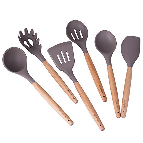 Maphyton Silicone Cooking Utensils, 6 Pieces Nonstick Kitchen Tool Set with Natural Acacia Hard Wood Handle (Grey)