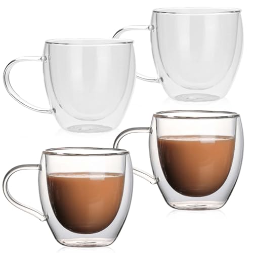 GOMETY Lot de 4 verres à café latte macchiato avec anse - 250 ml - Double paroi - Résistants au froid et à la chaleur - Pour cappuccino, latte, thé,...