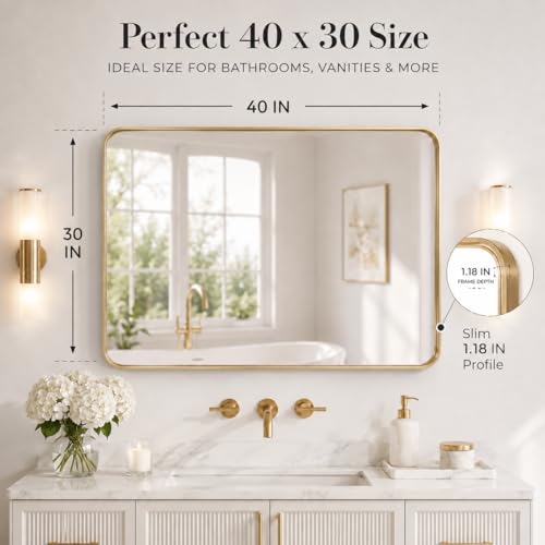 Image of 30 inchx40 inch Rounded Corners Gold Bathroom Mirror - Metal Framed with HD Shatter-Proof Glass, Wall-Mounted for Over Sink, Entryway, Living Room, Bedroom