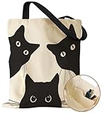 Miss Adola Aesthetic Canvas Tote Bag with Inner Pocket for Women, Cloth Cotton Totes Bag with Pattern for Shopping, Gym, Gift, Three Black Cat