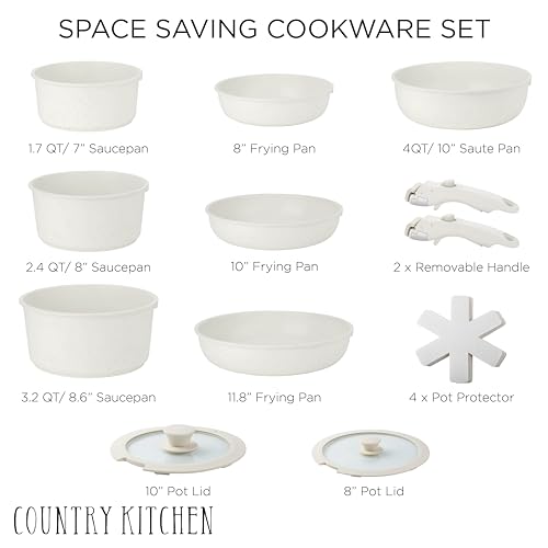 Image of Country Kitchen Cookware Set with Removable Handle, Oven & RV Safe Pots and Pans Set, Cream, Deluxe Larger Set