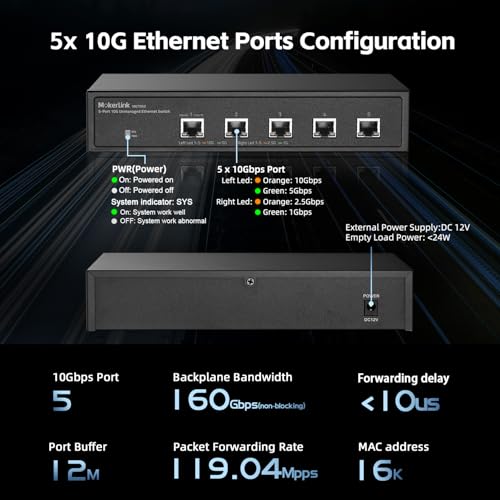 Image of MokerLink 5 Port 10G Unmanaged Ethernet Switch, 10G /5G /2.5G /1G Auto-Adaptive, Plug and Play, Metal Desktop|Rackmount Network Switch