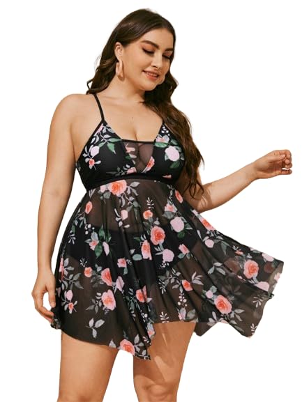 plus floral print mesh asymmetrical hem bikini swimsuit