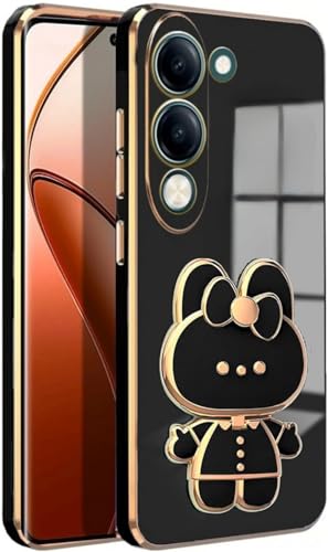 A3sprime Back Cover for iQOO Z10 Lite 5G with Cute 3D Cartoon Shaped Folding Mobile Stand Holder |Soft Silicone Anti Slip Drop Protection| Pack of 1 (Black, BNNY)