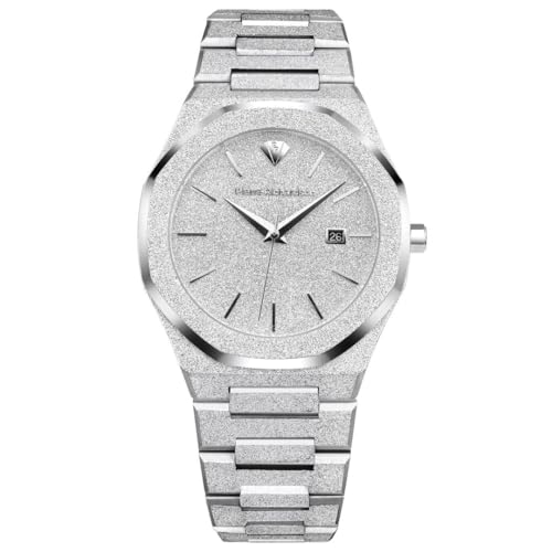Pierre Richardson Men’s Luxury Watch PR5691 – Silver Frosted Stainless Steel Japanese Quartz, 41mm, 5ATM Water Resistant, Scratch-Resistant Sapphire Crystal Glass, Elegant Dress Watch for Men, Reloj para Hombres