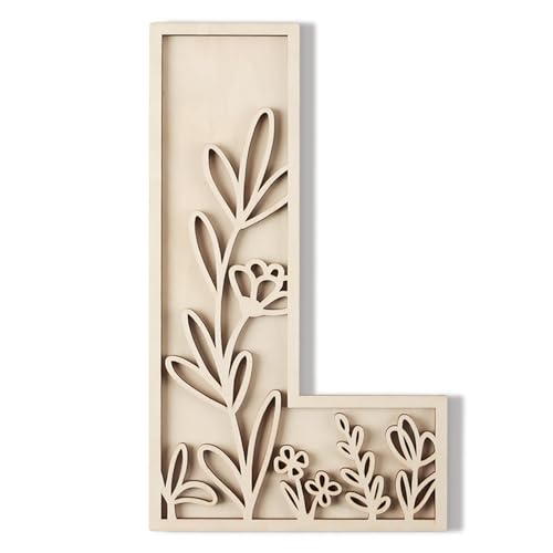 Image of Layered 12 Inch Large Wooden Letters for Wall Decor, Flowered Paintable Wooden Nursery Letters for Crafts Wood Alphabet Letter L for Birthday Boho Nursery Name Sign Wedding Home Decoration
