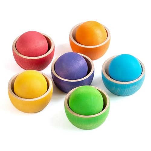 Image of Biticolor Ball in Cup Toddler Montessori Color Sorting Toy Wooden Ball Toy Learning Color and Matching for Kids with 6 Toddler Safe Balls and Cups