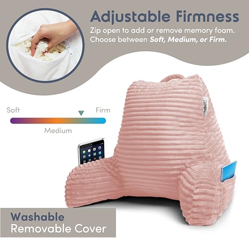 Image of Nestl Reading Pillow with Shredded Memory Foam, Luxe Cut Plush Back Pillow for Sitting Up in Bed, Back and Arms Adjustable Support for Adult & Teens, Backrest Pillows with Washable Cover Peach Beige