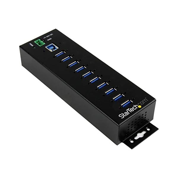 StarTech.com 10-Port USB 3.0 Hub with Power Adapter - Metal Industrial USB-A Hub with ESD & 350W Surge Protection - Din/Wall/Desk Mountable - High Speed USB 3.0 (5Gbps) - (5Gbps) Hub, TAA