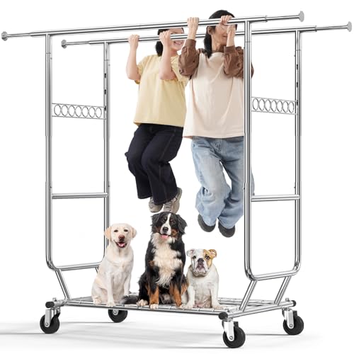 HOKEEPER Clothes Rack Heavy Duty Clothing Rack Load 650 LBS Collapsible Garment Rack with Wheels Double Rod Clothes Rack for Hanging Clothes Commercial Portable Closet Rack with Shelves 22'D*75'W*68'H