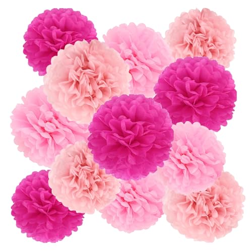 AOOTUERL 12 peças Pompons rosa decoração, flores Pompom papel de seda, flores de papel decoração para batizo menina festa, boas-vindas bebé, aniversário, casamento, carnaval, comunhão menina mesa doce