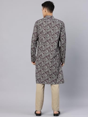 Image of Majestic Man Men's Regular Fit Ethnic Motifs Printed Pure Cotton Long Kurta with Mandarin Collar & Full Sleeves