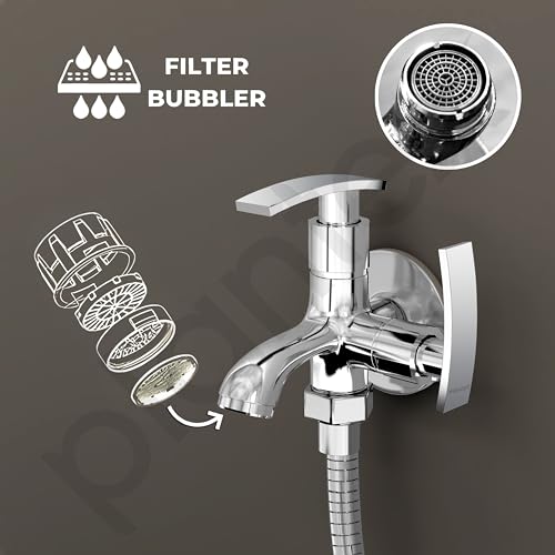 Image of Plantex Two Way Tap for Washing Machine with Water Saving Aerator /2 in 1 Bibcock Water Tap for Bathroom with Brass Spindle and Wall Flange /Bathroom Tap-(SMR-1265-Chrome)