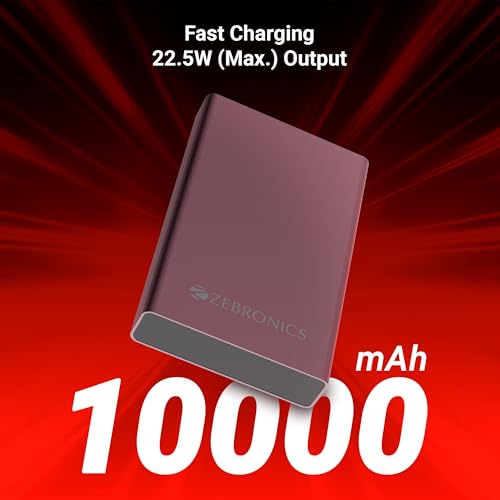 Image of ZEBRONICS EnergiTank 10MR1, Metal Power Bank, 10000 mAh, 22.5W Super Fast Charging PD 3.0 (PPS), Sleek & Stylish, Type C & USB Port, LED Indicator, for iPhone, Android, Tablets, Airpods (Raspberry)