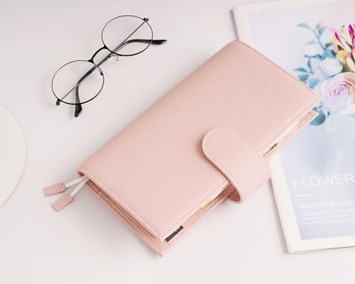 Image of Genuine Leather Planner Cover for Hobonichi Weeks /Weeks Mega with Pen Loop, Card Slots, Back Pocket, and Bookmarks (Pink)