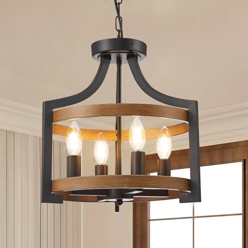 HOXIYA Farmhouse Chandelier, Convertible Semi Flush Mount Ceiling Light, 4 Light Modern Hanging Pendant Lighting, Black and Faux Wood Pendant Light